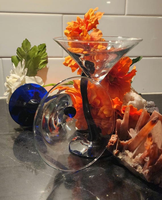 Set of 2 Libbey Blue Stem Martini Glasses – Vintage Asymmetrical Cocktail Glassware