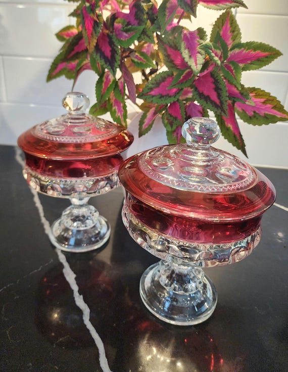Vintage Indiana Glass Kings Crown Ruby Flash Compote with Lid