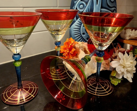 Vintage Roscher Martini Glasses • Hand Painted Ruby Red & Lime, Set of 4