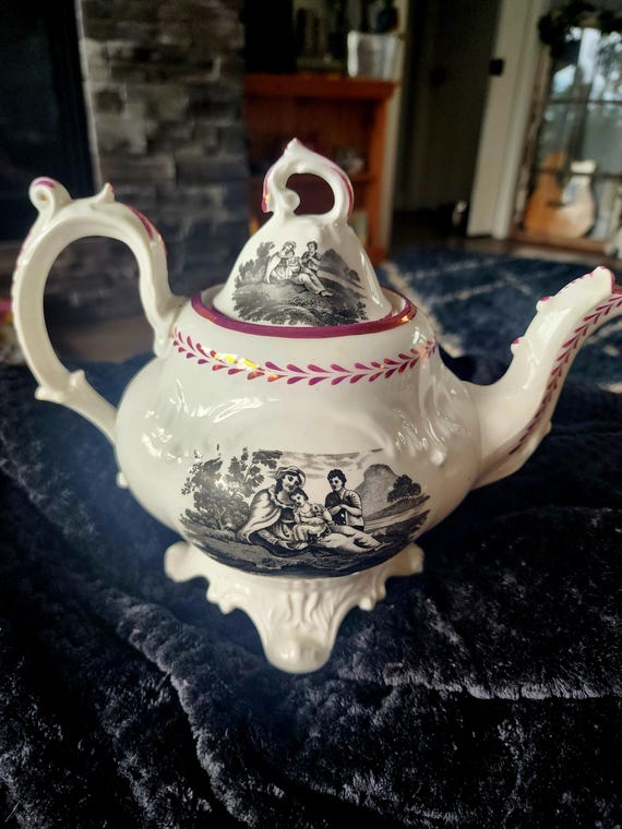 Antique Victorian Transferware Teapot – English Pastoral Scene, Burgundy Trim