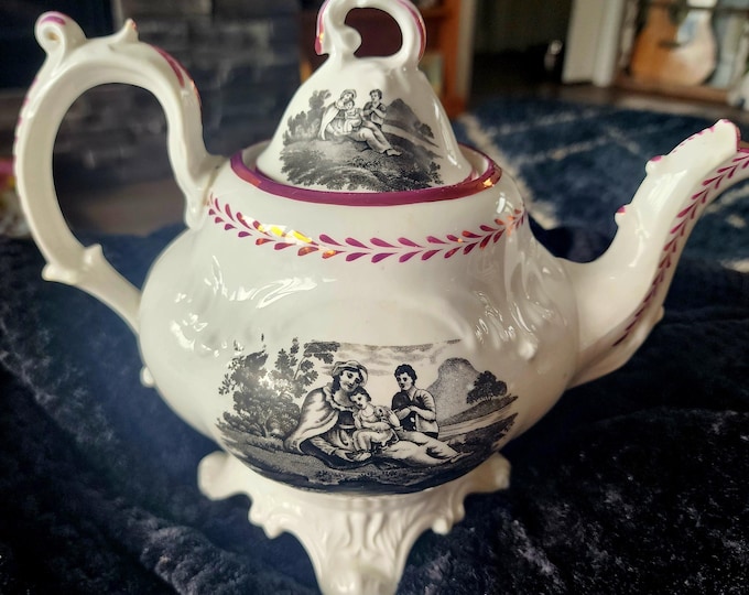 Featured listing image: Antique Victorian Transferware Teapot – English Pastoral Scene, Burgundy Trim