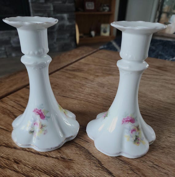Antique Bauer & Pfeiffer Porcelain Candle Holders, Floral Design, Germany (1904-1934)