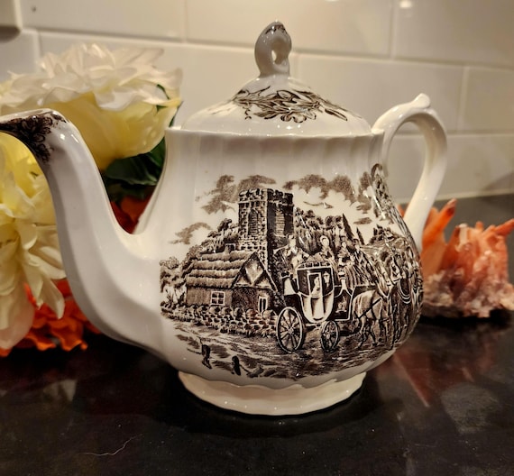 Vintage Myott Royal Mail Teapot • Brown Transferware, Staffordshire England
