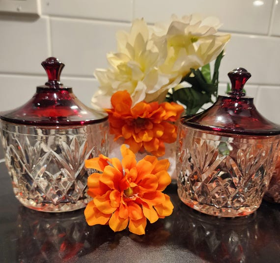 Vintage Ruby Red Glass Jam Jars – Indiana Glass Park Lane, Mid Century Condiment Set