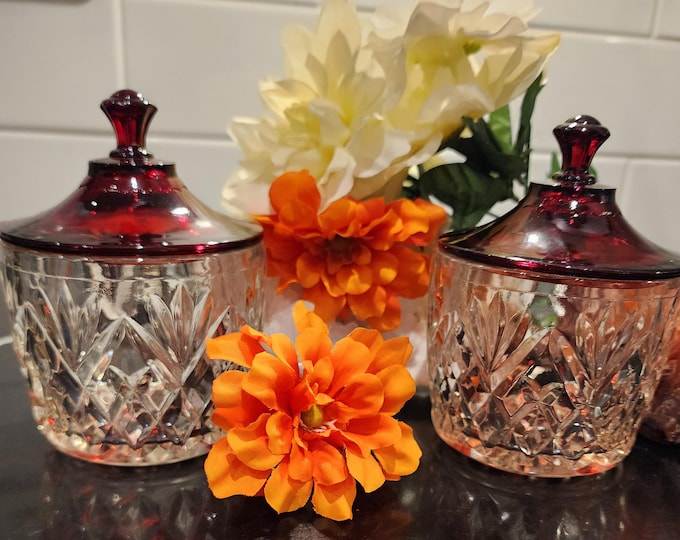 Featured listing image: Vintage Mid Century Clear Cut Glass Jelly Jars Royal Ruby Red Lidded Tops Pair