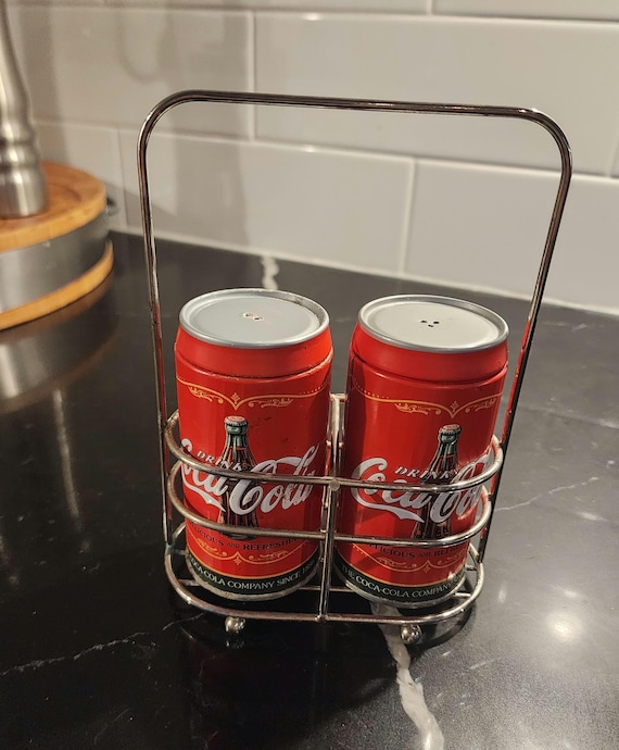 Vintage Coca-Cola Can Salt & Pepper Shaker Set with Metal Carrier