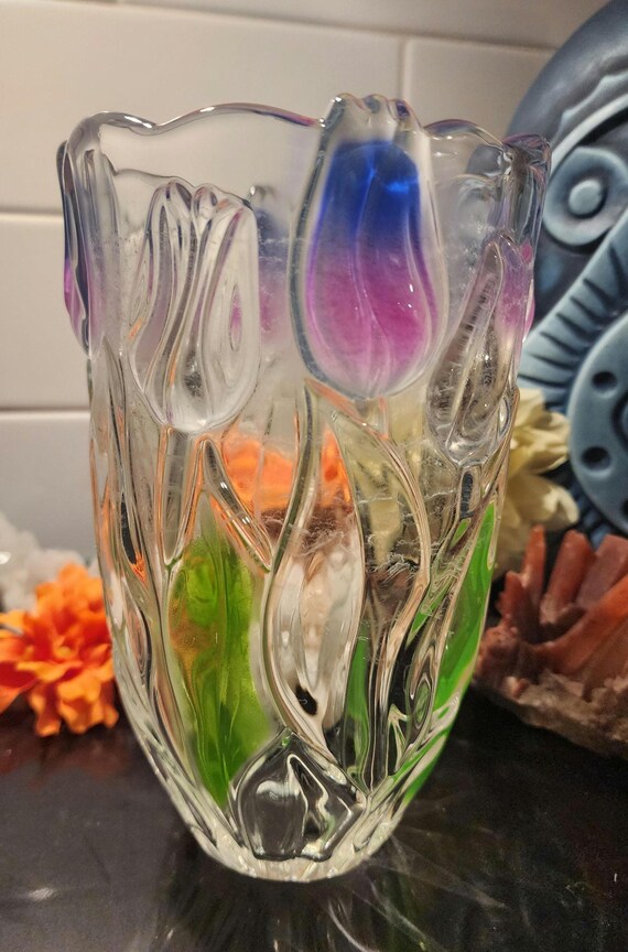 Vintage Walther Glas Crystal Vase – Pink & Purple Tulips with Green Leaves – German Art Glass