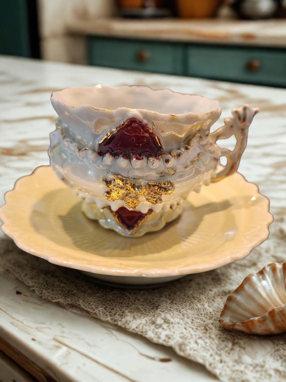 Vintage Japanese Lusterware Teacup and Saucer: Red & Gold Relief, 1950s