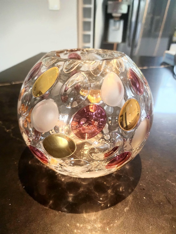 Hand-Blown Murano Style Art Glass Bowl | Multicolor Bubble Dot Vase | Vintage Decor
