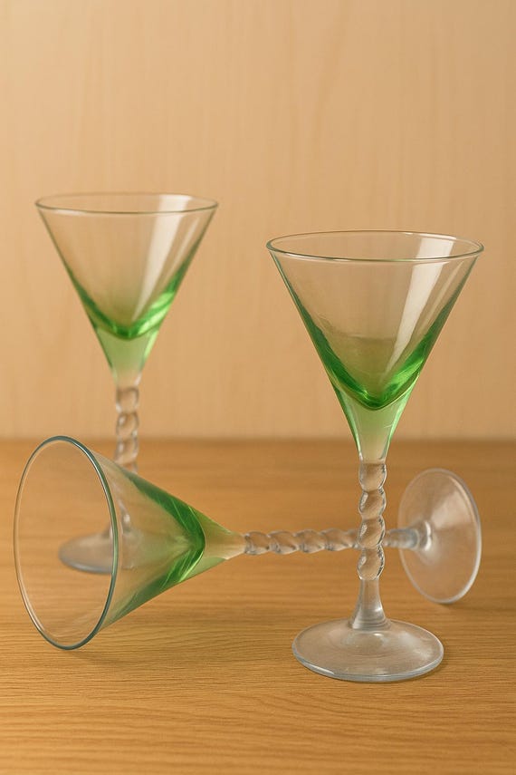 Vintage Green Ombré Cocktail Glass: Hand-Blown Twisted Stem Barware