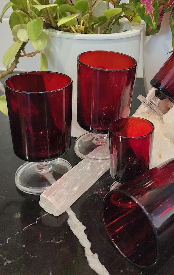 Vintage Ruby Red Glass Set: Mid-Century Goblets and Cordials