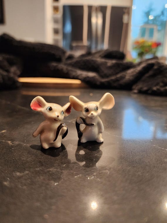 Vintage Miniature Porcelain Animal Figurines: Japan Whimsies Mice & Duck Family Set