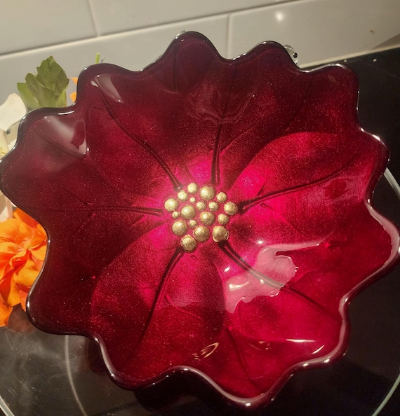 Ruby Red Poinsettia Art Glass Bowl • Holiday Floral Centerpiece • Gold Berry Detail • Christmas Decor