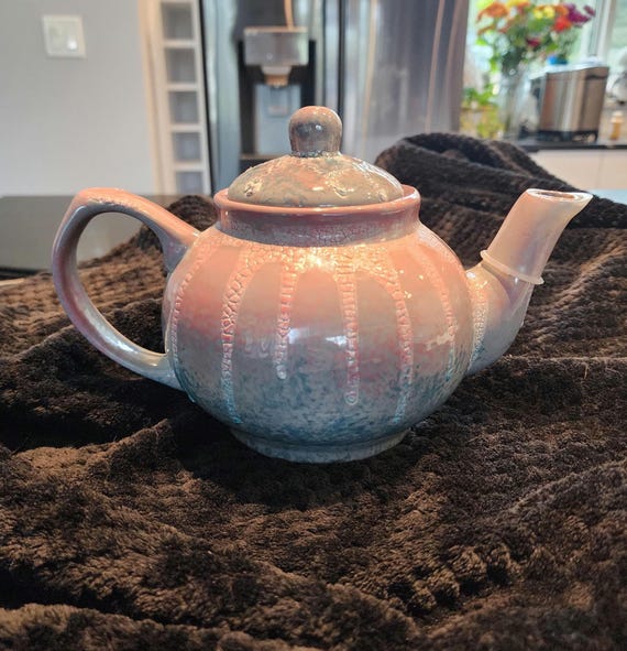 Handmade Iridescent Pottery Teapot: Pink & Blue Glazed Ceramic