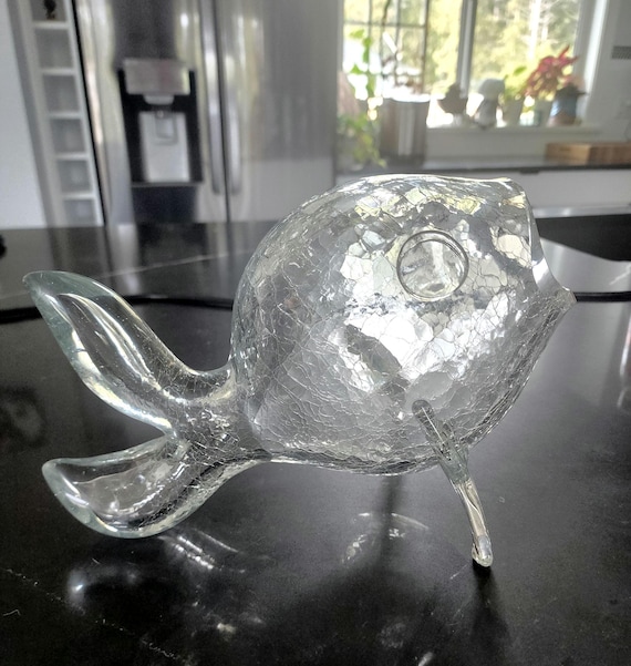 Vintage Blenko Crackle Glass Fish Vase: Mid-Century Modern Sculpture