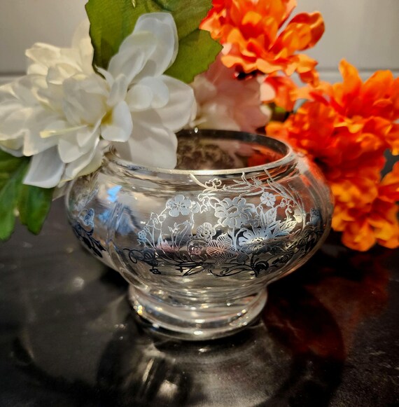 Vintage Silver Overlay Crystal Bowl: 1940s Floral Etched Glass
