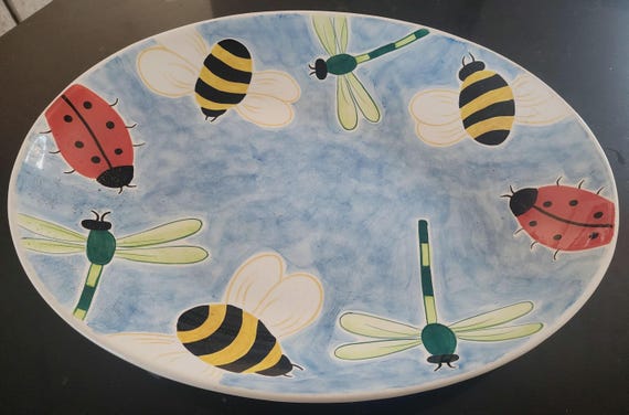 Vintage Clay Art “Bumbles” Hand-Painted Ceramic Platter – Bees, Ladybugs & Dragonflies