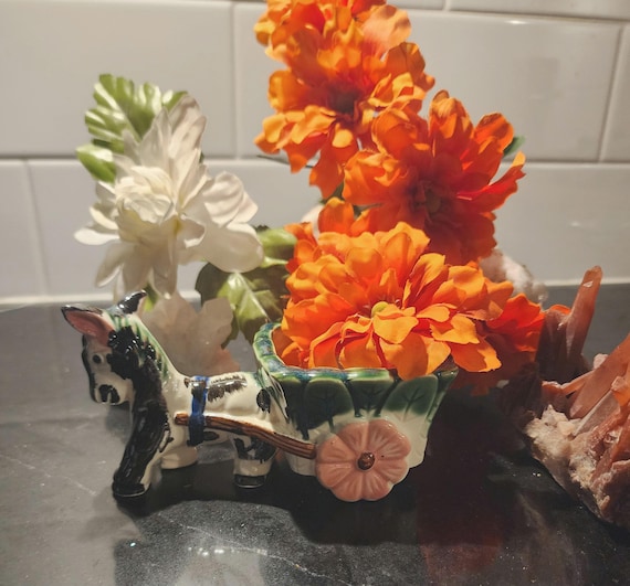 Vintage Hand-Painted Donkey Cart Planter | Mid-Century Ceramic Figurine | Floral Wheel Cart | Farmhouse Cottagecore Decor