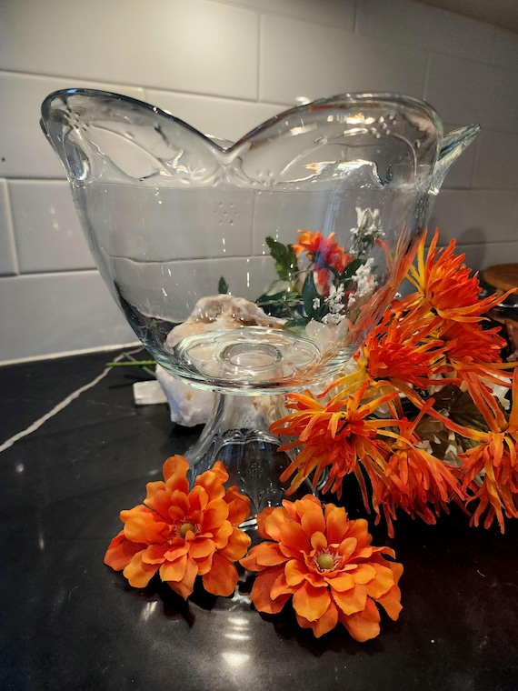 Vintage Pfaltzgraff Pedestal Bowl: 9" Clear Pressed Glass Centerpiece