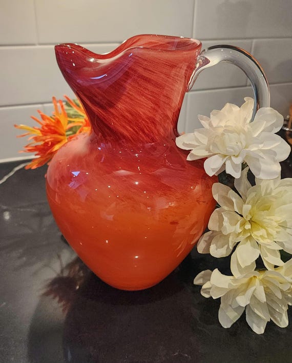 Hand-Blown Art Glass Pitcher: Red Orange Swirl Vase, Hudson’s Bay Home