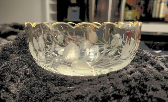 Vintage Etched Crystal Bowl - Gold Rim, Floral Design, Mid-Century