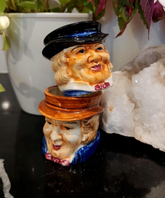 Vintage Hand-Painted Toby Mugs – Set of 2, Mid-Century Japan Ceramic Face Jugs