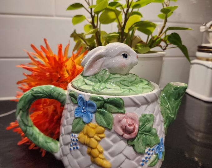 Featured listing image: Vintage Easter Bunny Teapot | Hudson’s Bay Import | Floral Basket Teapot | Spring Cottage Decor | Taiwan Ceramic