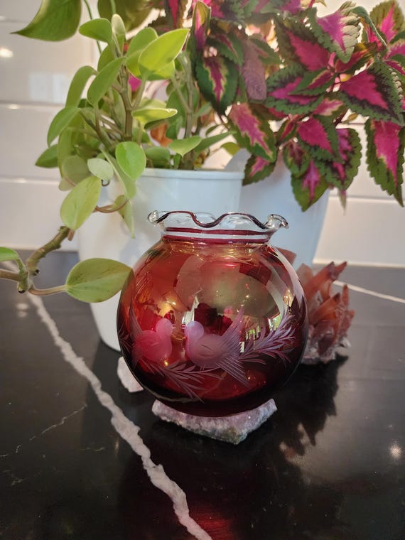 Vintage Ruby Red Etched Bird Glass Rose Bowl: Canadian Art Glass Vase