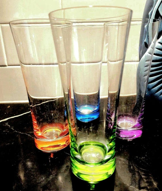 Mid-Century Highball Glasses: Rainbow Base Retro Barware, Set of 4