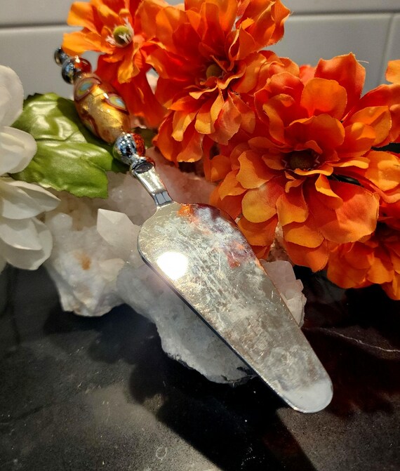 Vintage Murano Style Cake Server: Silver-Plated Dessert Server with Gold Leaf Glass Handle