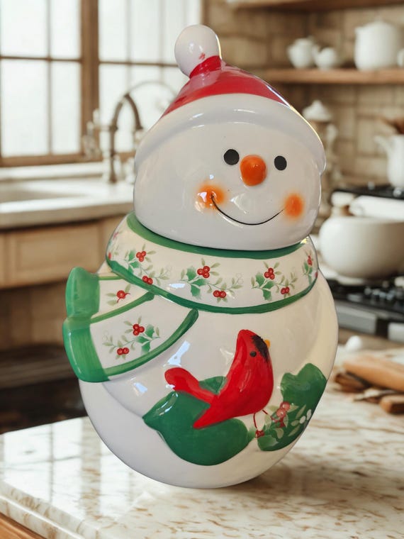 Vintage Pfaltzgraff Winterberry Snowman Cookie Jar with Cardinal
