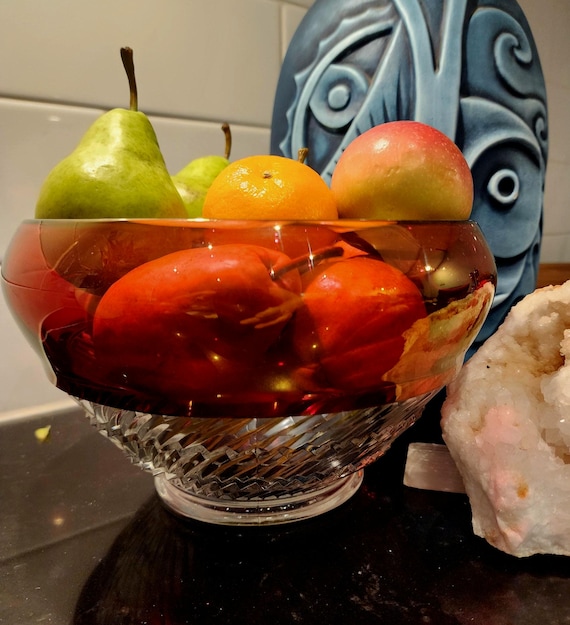 Vintage Ruby Red Crystal Bowl – Diamond Cut Art Glass Centerpiece