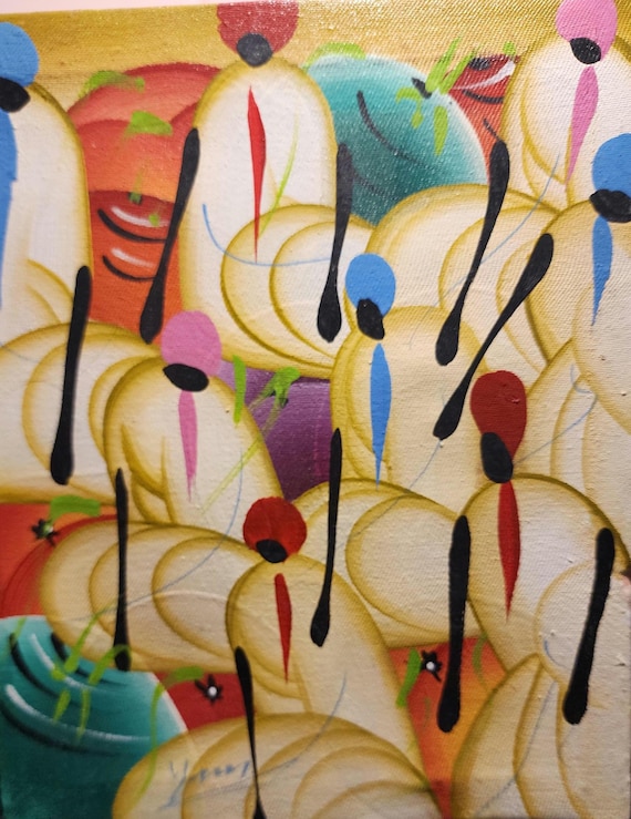 Signed Yann Abstract Figures Painting: 8x10 Acrylic Haitian Modernist Art