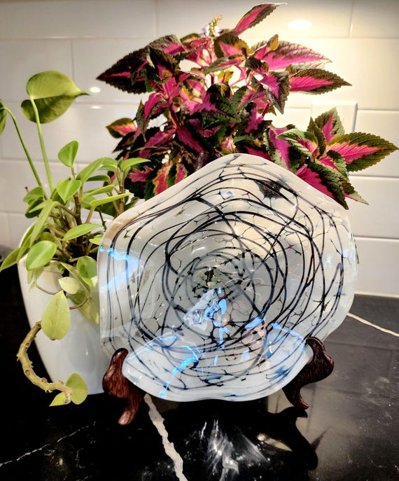 Hand-Blown Art Glass Compote: Murano-Style Black & White Swirl