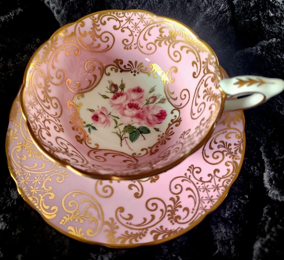 Royal Stafford Bone China Pink Rose Tea Cup & Saucer Set Gold Trim English Vintage
