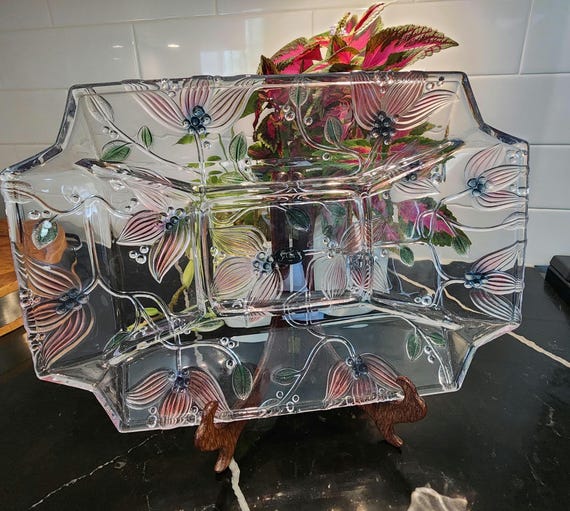 Vintage Crystal Clear Japan Lead Crystal Tray: Hand-Tinted Floral Platter
