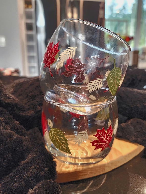 Vintage Hand-Blown Autumn Leaf Tumblers: Mexican Art Glass, Signed Pair