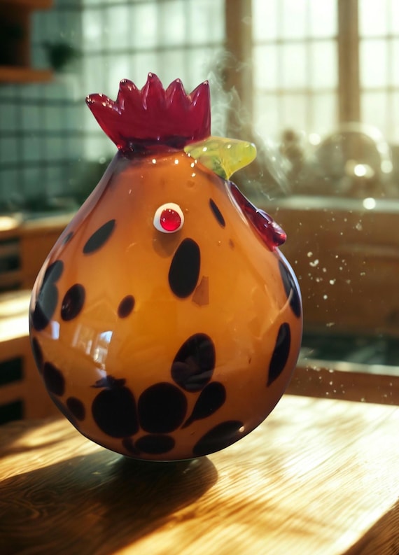 Hand-Blown Amber Glass Chicken Figurine: Murano-Style Farmhouse Decor