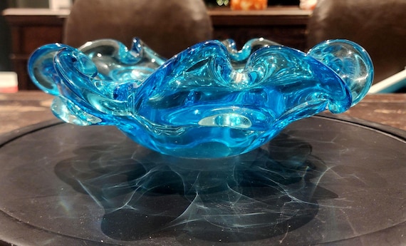 Hand Blown Aqua Art Glass Pedestal Bowl • 10" Sculptural Wavy Rim Centerpiece • Heavy Vintage Murano Style Compote