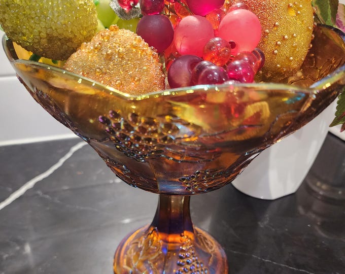 Featured listing image: Antique Marigold Carnival Glass Grape & Leaf Pedestal Compote Bowl | Early 1900s Iridescent Glass