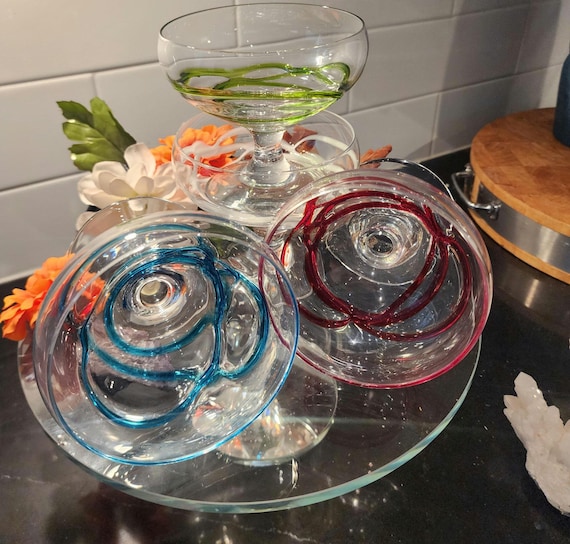 Set of 8 Hand-Blown Ribbon Swirl Stem Glasses | 2 Each Color (Red, Blue, Green & White) | Vintage Hand-Blown Glass Coupes – Cocktail