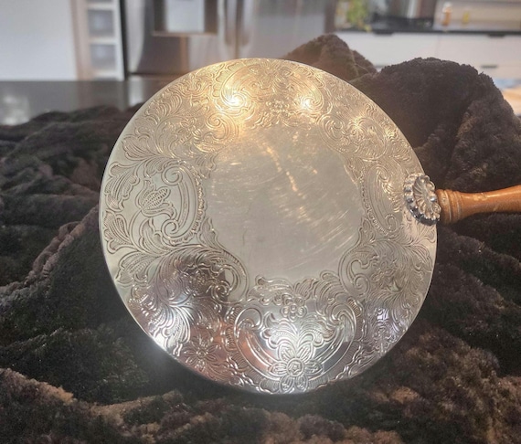 Vintage Silverplate Warming Pan: Hand-Engraved Floral Lid, Wooden Handle