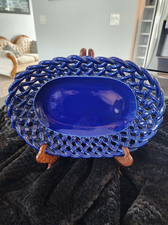 Vintage Primogif Italy Blue Ceramic Centerpiece Bowl: Basket-Weave Pottery