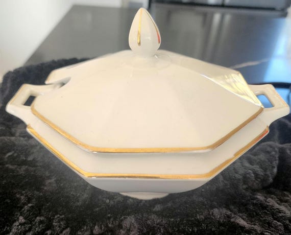 Vintage Johnson Bros. Soup Tureen: White & Gold Octagonal Serving Dish