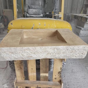 Handcrafted Travertine Sink 30 Inch – Rustic Rectangular Stone Vanity Basin, Natural Carved Bathroom Countertop Vessel, Beige Marble Look