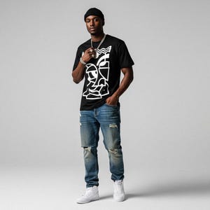 Schwarzes Oversize-Baumwoll-T-Shirt mit künstlerischem abstraktem Aufdruck | minimalistisches Unisex-Streetwear-Grafik-T-Shirt Graffiti