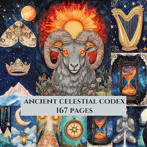 May include: A collage of celestial illustrations, including a ram with glowing eyes, a moth, a harp, and an hourglass. The text "ANCIENT CELESTIAL CODEX 167 PAGES" is displayed on a banner across the image. The artwork features a starry night sky.