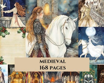 May include: Watercolour illustrations depicting medieval themes, featuring a woman in armour on a white horse, a castle, and a woman in a white dress with a dove. The text "MEDIEVAL 168 PAGES" is displayed on a tan banner.