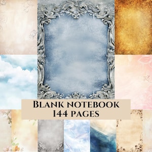 Puede incluir: Un cuaderno en blanco de 144 páginas. La imagen presenta un marco plateado ornamental central sobre un fondo azul, rodeado de varias páginas estampadas en colores suaves como beige, rosa y azul. Se muestra el texto "BLANK NOTEBOOK 144 PAGES".