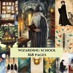 Pode incluir: Uma colagem ilustrada com um mago lendo um livro, um jovem mago com uma coruja e uma casa na árvore. O texto "WIZARDING SCHOOL" e "168 PAGES" é exibido em uma faixa. A obra de arte tem um tema de fantasia.